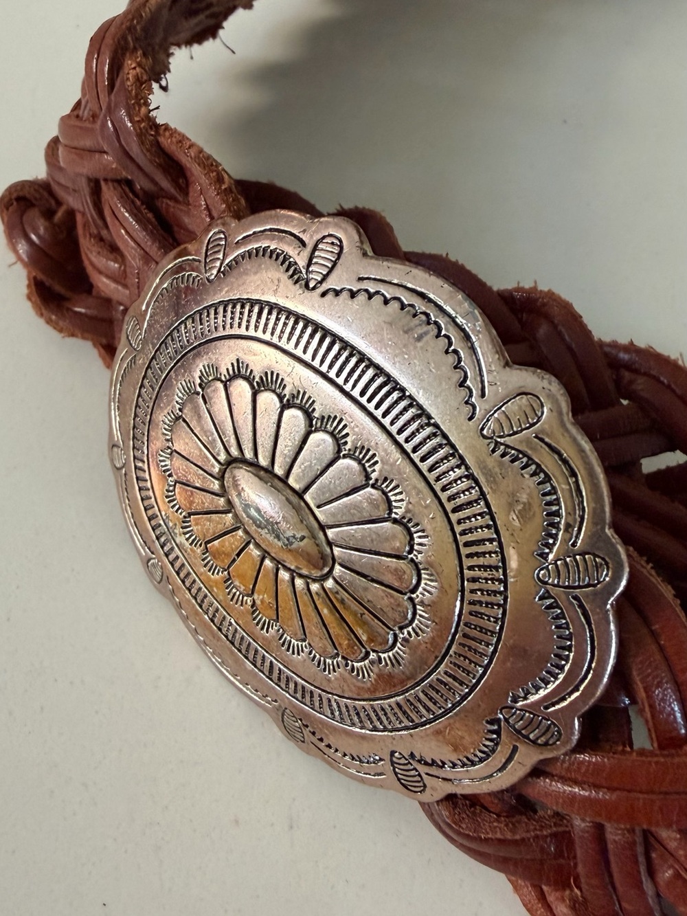 Braided Brown Leather Belt with Decorative Silver-Tone Conchos - Picture 5 of 5